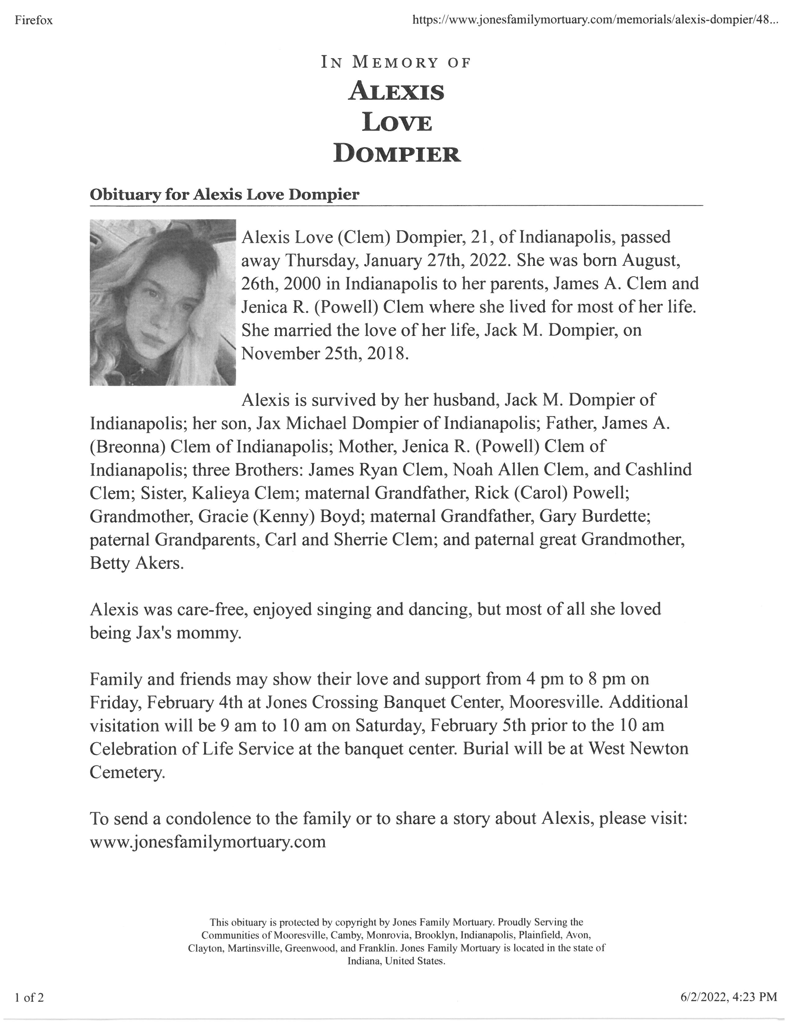 Dompier, Alexis Love – Mooresville Public Library Obituary Finder